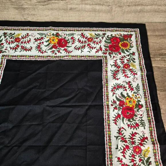 Vintage Valdrome France Vibrant Floral Cotton Scarf 24x24 Red Yellow Flowers